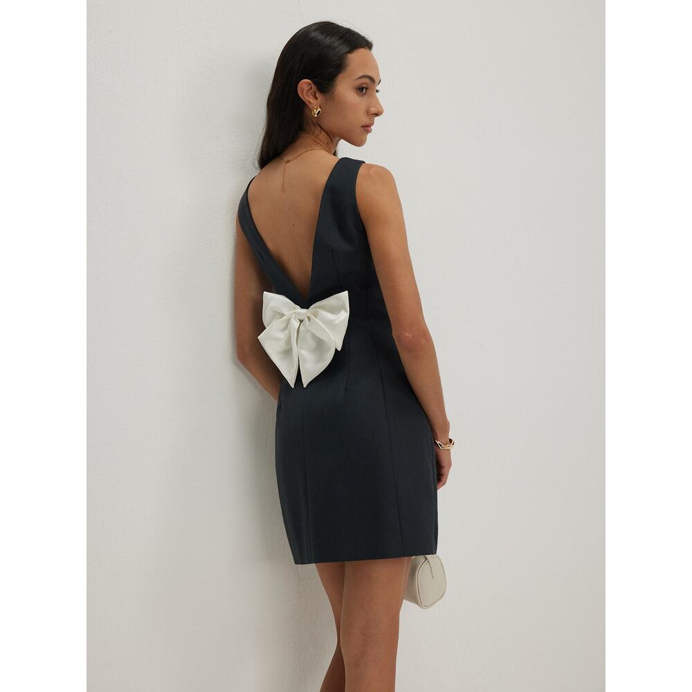 Commense Preppy Bow Backless Tank Charcoal Gray Minimalist Dress NWT Large